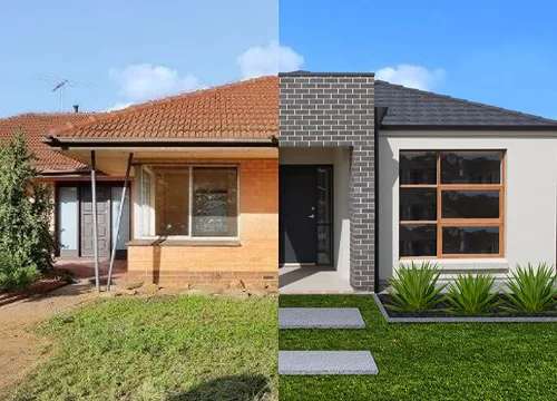 A before-and-after image of a knock-down rebuild project by Gurzora Homes.